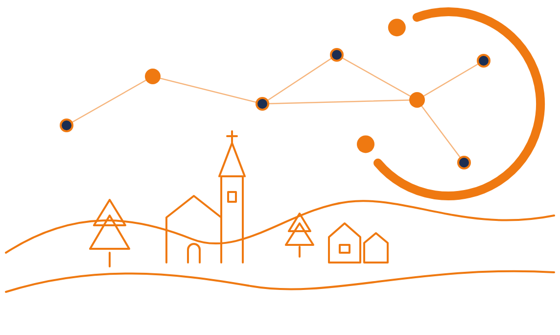 Linienzeichnung: Erzgebirgslandschaft mit Kirche, Tannen und Häusern, darüber ein Netzwerk aus Punkten